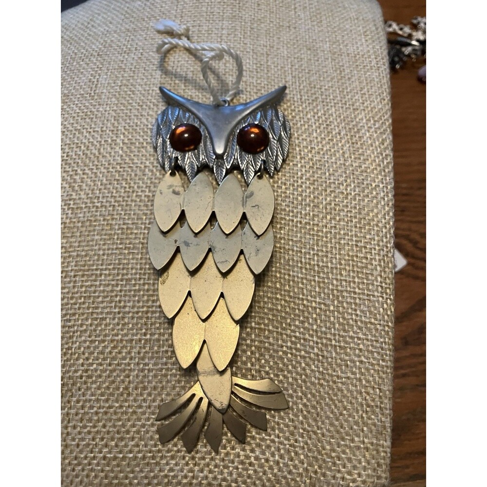 Vintage Owl Pendant 2 tone articulated 4" in. hinged brown glass eye gold silver